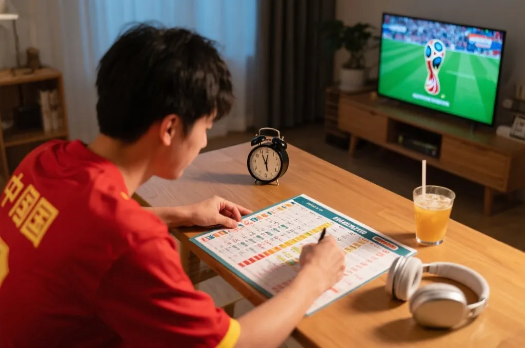 中国球迷在家中观看世界杯直播并记录赛程安排