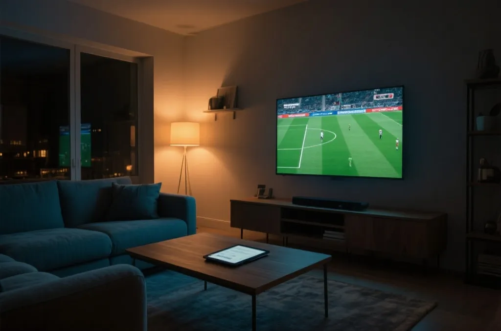 A cozy modern living room with a large screen on the wall displaying a generic soccer game, showcasing a seamless screencasting setup from a tablet on the table.